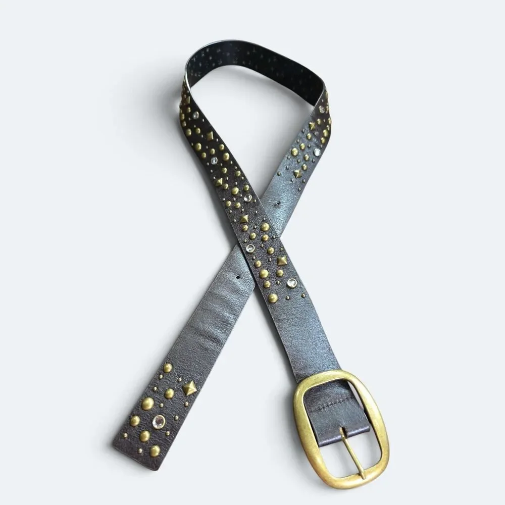 Studded Rhinestone Faux Leather Belt Brass Hardware Brown